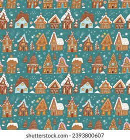 Festive pattern with decorated gingerbread houses, intermingled with Christmas trees, sweets and snowflakes on green background. Can be used for wallpaper, pattern fills, textile, surface textures