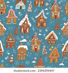 Festive pattern with decorated gingerbread houses, intermingled with Christmas trees, sweets and snowflakes on blue background. Can be used for wallpaper, pattern fills, textile, web page background, 