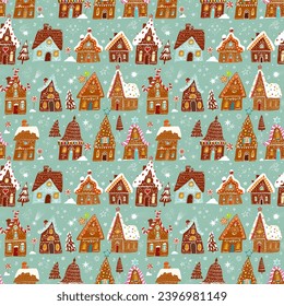 Festive pattern with decorated gingerbread houses, intermingled with Christmas trees, sweets and snowflakes on green background. Can be used for wallpaper, pattern fills, textile, surface textures