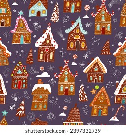 festive pattern with decorated gingerbread houses, intermingled with Christmas trees, sweets and snowflakes on a dark purple background. Can be used for wallpaper, pattern fills, textile