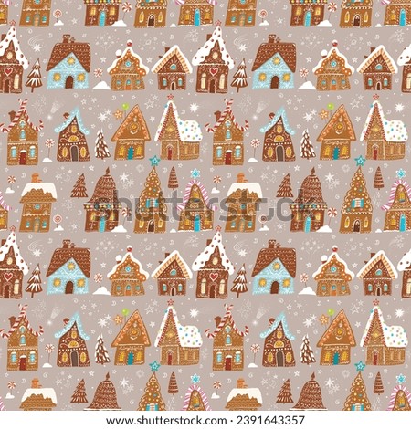 Festive pattern with decorated gingerbread houses, intermingled with Christmas trees, sweets and snowflakes on beige background. Can be used for wallpaper, pattern fills, textile, surface textures