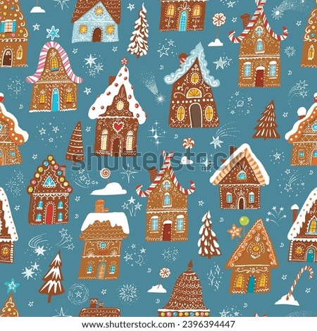 Festive pattern with decorated gingerbread houses, intermingled with Christmas trees, sweets and snowflakes on blue background. Can be used for wallpaper, pattern fills, textile, web page background, 