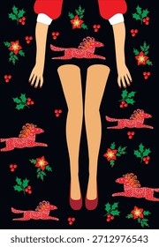 Festliches Muster mit dekorativen roten Pferden und Winterbeeren. Die Arme und Beine des Models auf dem Stoff erzeugen die Illusion von Kleidung. Eine originelle Idee für die Werbung von Modestoffen. Vektorgrafik 