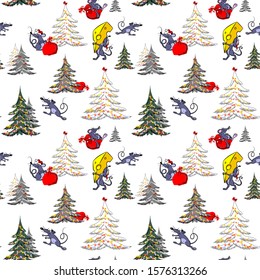 Festive pattern with elegant Christmas trees, funny rats running to cheese and to a bag of Santa Claus gifts. Cartoon mice, red bags, and pieces of cheese are randomly located. Seamless vector 