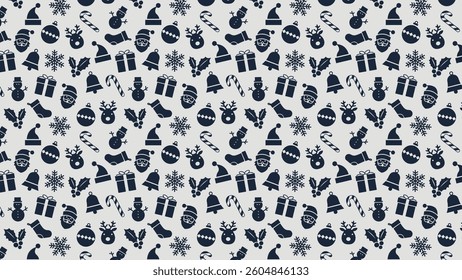 A festive pattern features a variety of Christmas icons, including Santa, snowmen, gifts, and ornaments, all in navy blue against a light background, creating a joyful design for holiday celebrations.