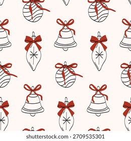 Festive pattern featuring bells and ornaments with red bows on a light background for holiday decoration ideas