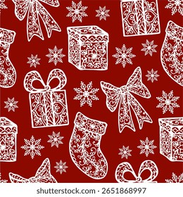 A festive pattern featuring Christmas gifts, stockings, bows, an