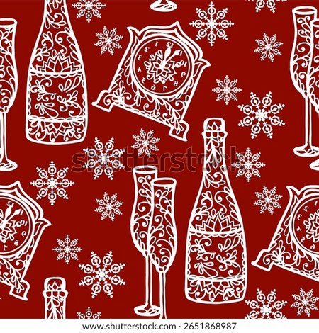 A festive pattern featuring decorative bottles, glasses, and sno