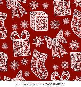 A festive pattern featuring gifts, bows, stockings, and snowflak