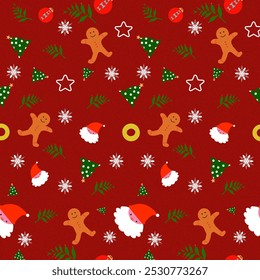 A festive pattern featuring gingerbread men, Christmas trees, snowflakes, and holiday decorations, all set against a vibrant red background.