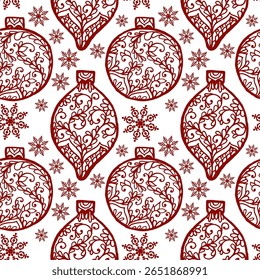 A festive pattern featuring intricate red Christmas ornaments an