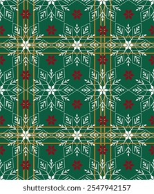 a festive pattern featuring intricate white snowflakes on a green background, with  gold, red and white striped lines forming a grid-like design. Vector seamless pattern for Christmas festival.