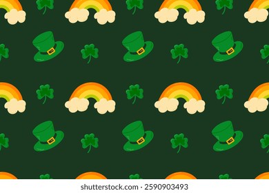 A festive pattern featuring leprechaun hats, rainbows, and shamrocks on a dark green background. Perfect for St. Patrick’s Day decor, wallpapers, and digital projects.