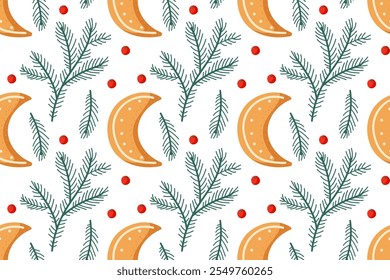 Festive pattern featuring orange slices, evergreen branches, and red berries on a white background