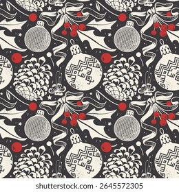 A festive pattern featuring ornaments, pine cones, and floral elements for holiday decor.