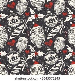 A festive pattern featuring owls, ornaments, and holiday elements in a cheerful design.
