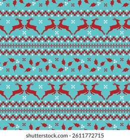Festive Pattern Featuring Red Reindeer and Holly on Aqua Background
