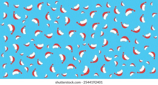 festive pattern featuring red santa hats with white trim and pom-poms scattered on a bright blue background