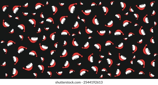 padrão festivo com chapéus de santa vermelho com guarnição branca e pom-poms espalhados em um fundo azul brilhante.