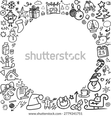 A festive pattern frame of Christmas icons with central copy space featuring santa, reindeer and gift doodles.