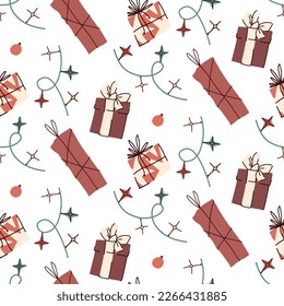 Festive pattern with gifts, boxes, garlands on a white background. Scattered Christmas decorations.