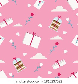 Festive pattern with gifts, cakes, marshmallows, tulips, clouds and a postcard on a pink background