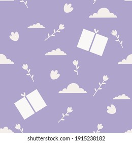 Patrón festivo con regalos, nubes y tulipanes sobre un fondo lila