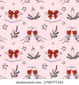 Patrón festivo con regalos, bebidas y decoraciones navideñas para celebraciones alegres