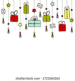 Ein festliches Muster von Geschenken, Umschlägen und Sternen, die an Ketten hängen. Weihnachtshintergrund. Handgezeichnete Geschenkbox im Doodle-Stil. Vektorgrafik