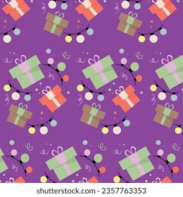 Patrón festivo. Regalos, verdes, rojos, marrones, garland. Ilustración del vector EPS10