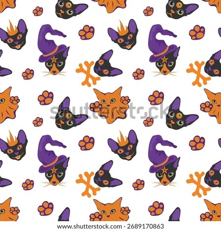 A festive pattern with Halloween cats. A crowned vampire, a cute ghost, and a skeleton with bones. Happy Halloween! Hand-drawn vector background for banners, packaging and wrapping paper.