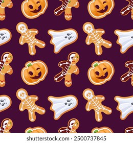 A festive pattern with Halloween treats, whimsical ghosts, and vibrant pumpkins. Vector illustration for cafe, menu, wallpaper, fabric, wrapping, background