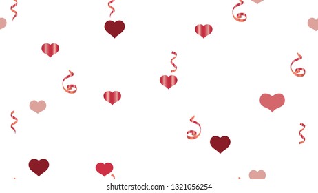  Festive Pattern of Hearts and Serpentine. Scattered Red confetti.