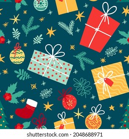 Festive pattern with New Year elements, decoration for the holiday, gifts, Christmas toys.
