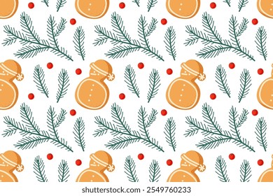 Festive pattern with orange ornaments, pine branches, and red berries for holiday cheer