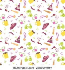 Festive pattern with party hats, mugs, ties, and flowers on white background.