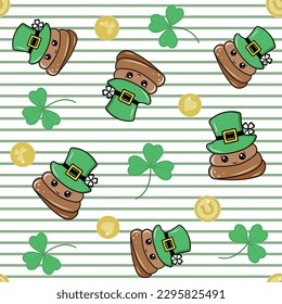 A festive pattern for Patrick's Day on a striped background with poop in a hat, money and clover