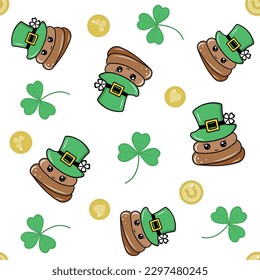 Ein festliches Muster für den Patrick's Day mit Poo in einem Hut, Geld und Klee