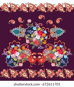 Festive pattern with peacocks, paisley, flowers and ornamental borders

