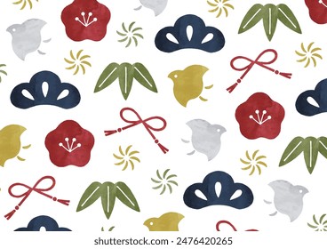 Festive pattern of pine trees, bamboo leaves, and plum blossoms watercolor