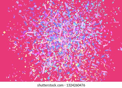 Festive pattern with random geometric elements. Colored background with confetti. Holiday texture from glitters. Luxury colorful frame. Print for banner, flyer, poster and textile