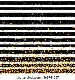 Festive pattern of random gold dots on trendy seamless background of white and black stripes. Elegant pattern for background, textile, paper packaging and other design. Vector illustration.