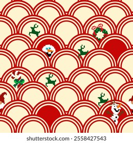 a festive pattern with red arches resembling waves, featuring pixelart of Santa, snowmen, green reindeer, holly, and wreaths on a beige background. Geometric vector pattern for fabric,carpet,wallpaper