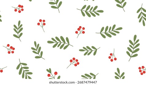 Um padrão festivo de bagas vermelhas e folhas verdes em um fundo branco.