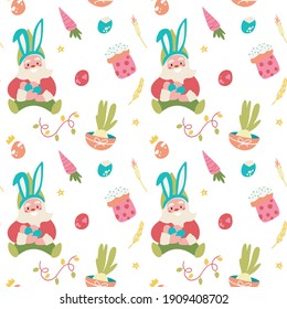 Festive pattern in red and turquoise colors with Easter gnome, painted eggs, Easter cake, carrots and seedlings