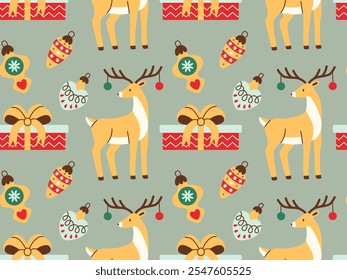 Festive pattern with reindeer, Christmas gifts, and ornaments in flat style. Cute decorative design perfect for wrapping paper, holiday decorations, greeting cards, or festive backgrounds.