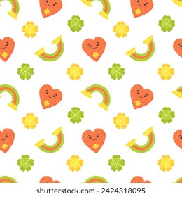 Festive pattern for St. Patrick's Day with clover and rainbow. Hand drawn flat cartoon elements. Vector illustration