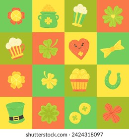 Festive pattern for St. Patrick's Day with clover, beer and coin. Hand drawn flat cartoon elements. Vector illustration