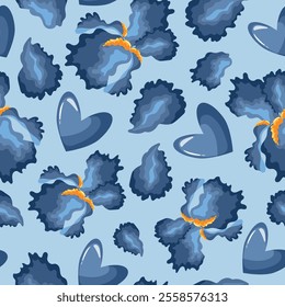 festive pattern for St. Valentine's Day from blue hearts, buds of blue irises and petals from under it on a blue background