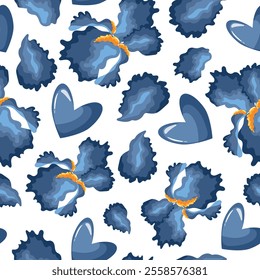 festive pattern for St. Valentine's Day from blue hearts, buds of blue irises and petals from under it